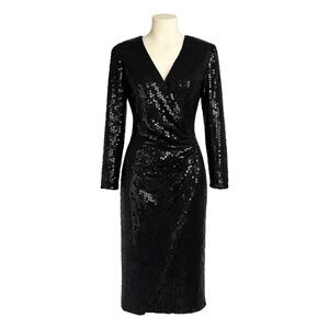 Vintage 80s Midnight Glo Black Sequin Faux Wrap Dress Sz 6 Ruched Midi L/S Party